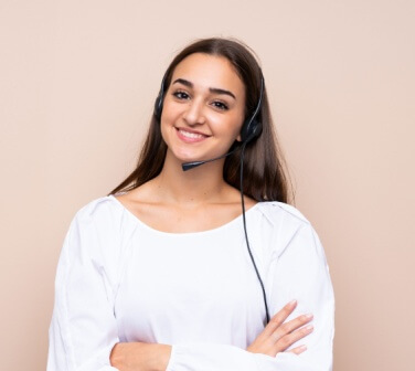 Smiling Hispanic call center worker.